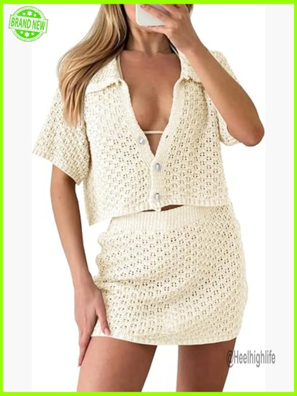 Crochet 2-Piece Cover Up Set, Short Sleeve Crop Top & Mini Skirt, Beachwear